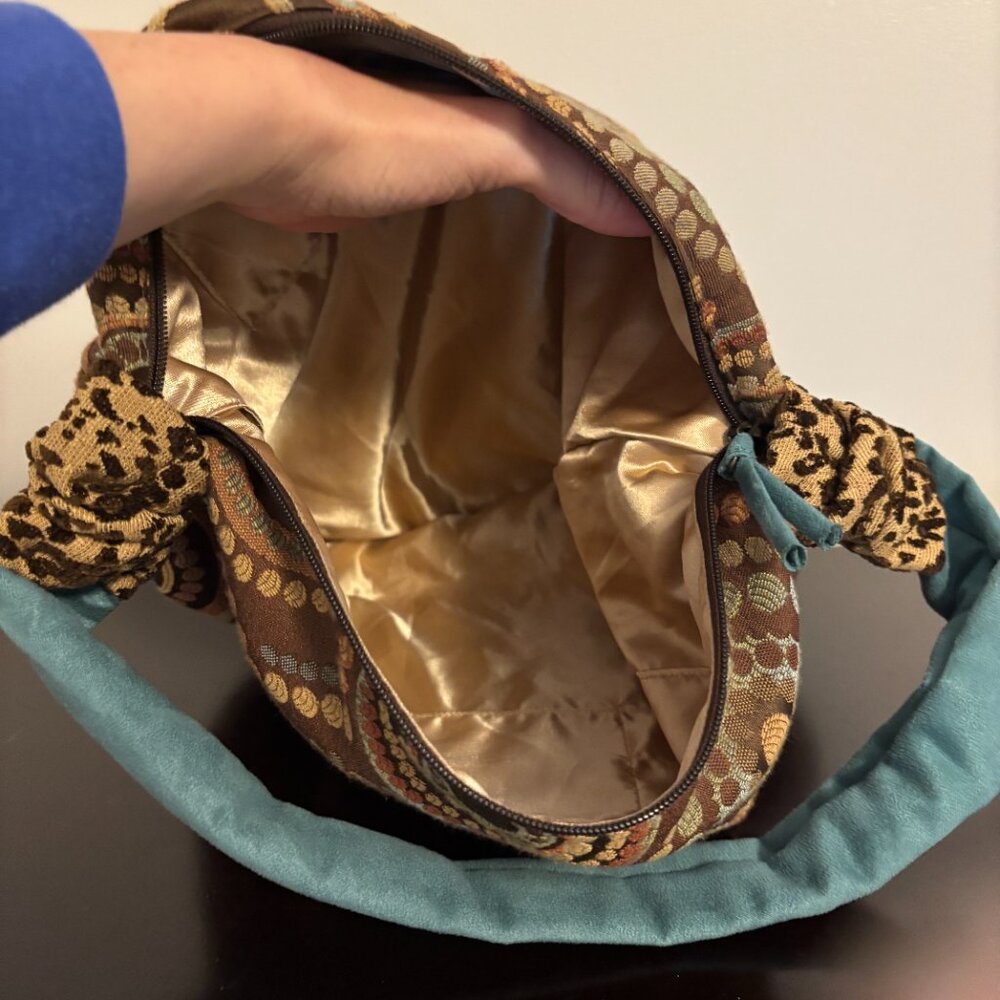 Atenti Brown and Teal Circle Patterned Embroidered Fabric Hobo Shoulder Bag - Picture 9 of 10